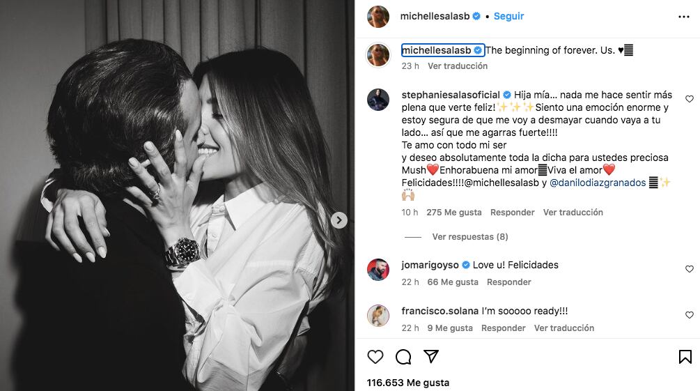 La publicación de Michelle Salas confirmando su compromiso y el comentario que dejó Stephanie Salas (Foto: Michelle Salas / Instagram)