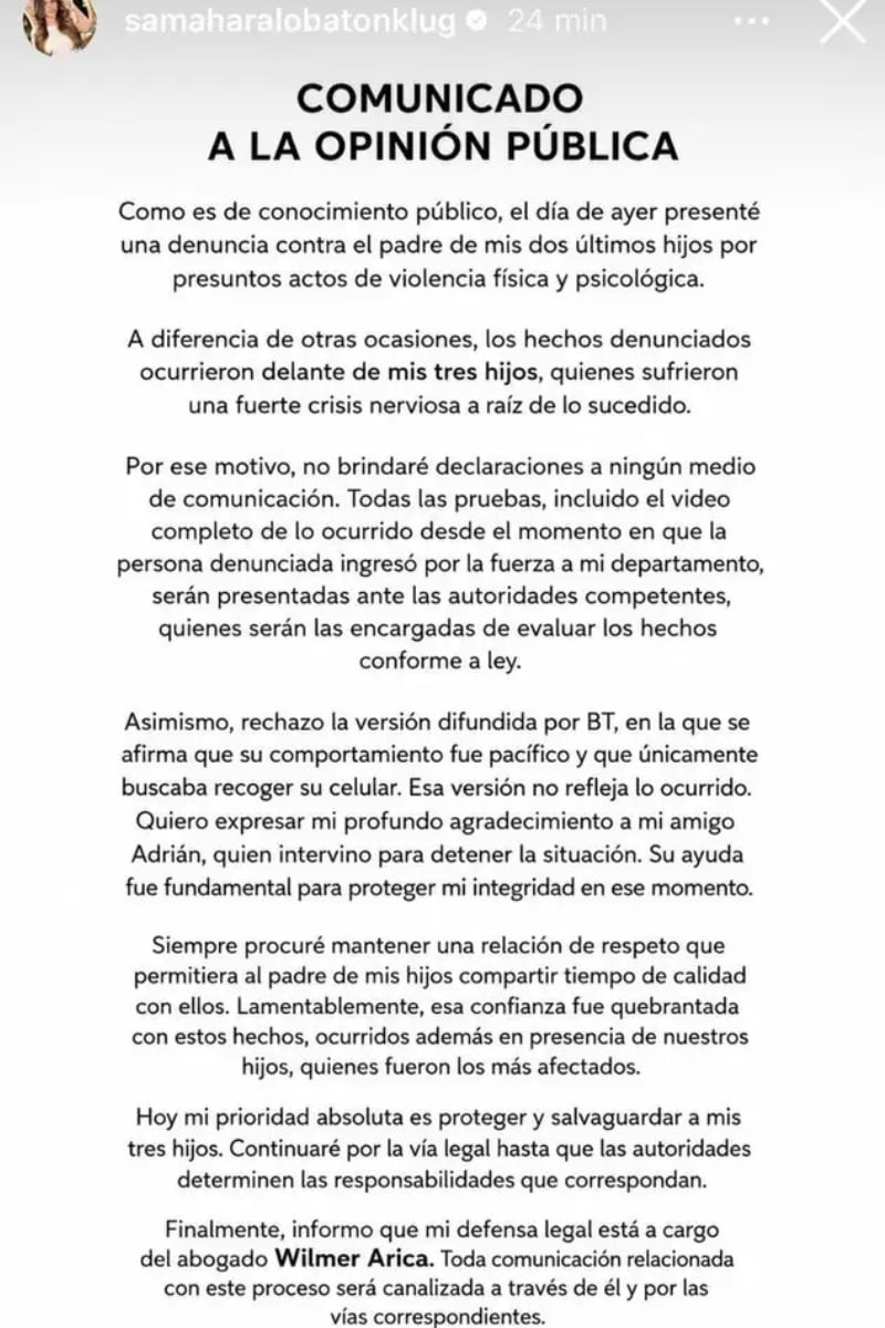 Comunicado de Samahara Lobatón.