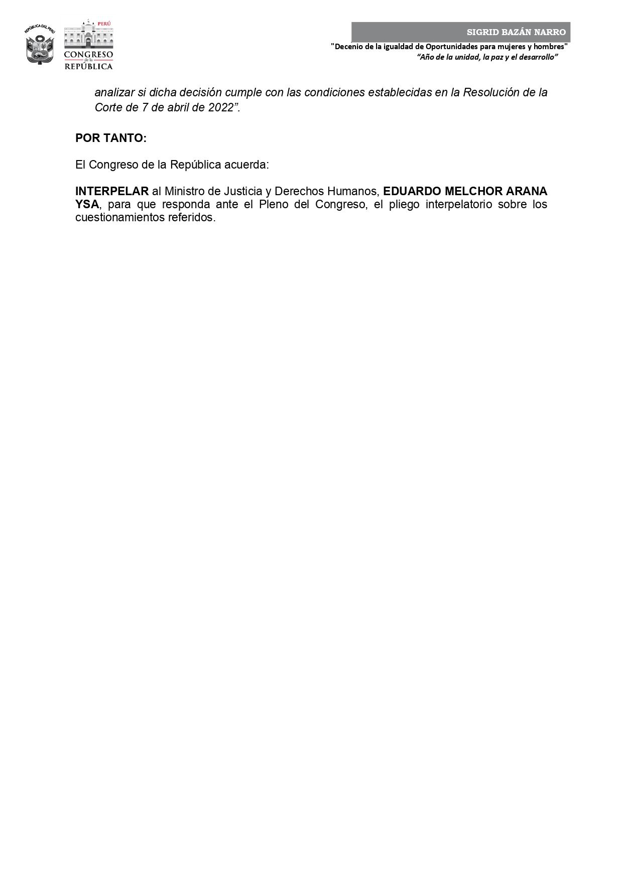 Sigrid Bazán anuncia moción de interpelación al ministro Arana por excarcelación de Alberto Fujimori.
