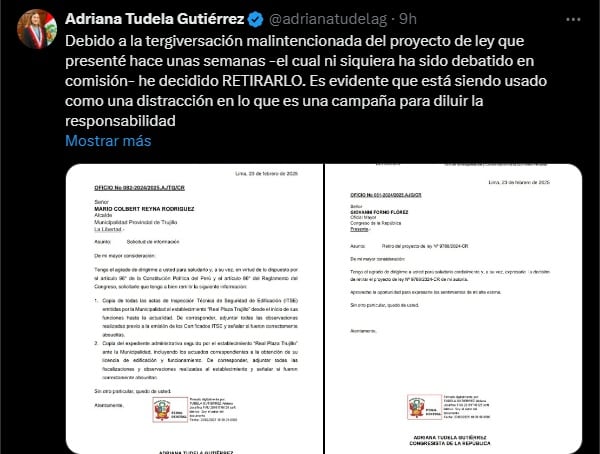 Publicación de Adriana Tudela en 'X'