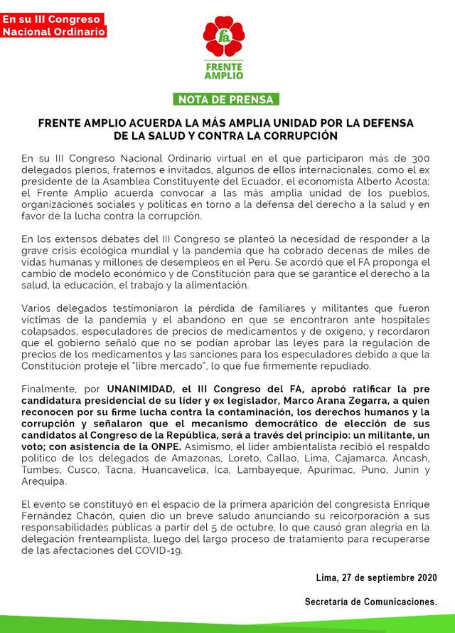 Comunicado del Frente Amplio. (Foto: Frente Amplio)