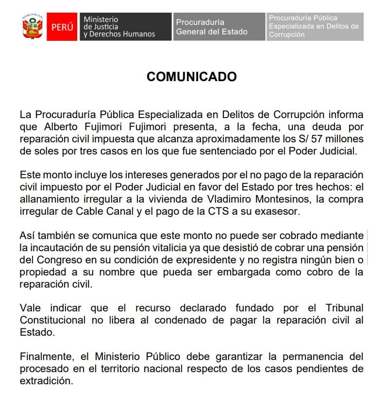Alberto Fujimori debe S/ 57 millones por reparaciones civiles.