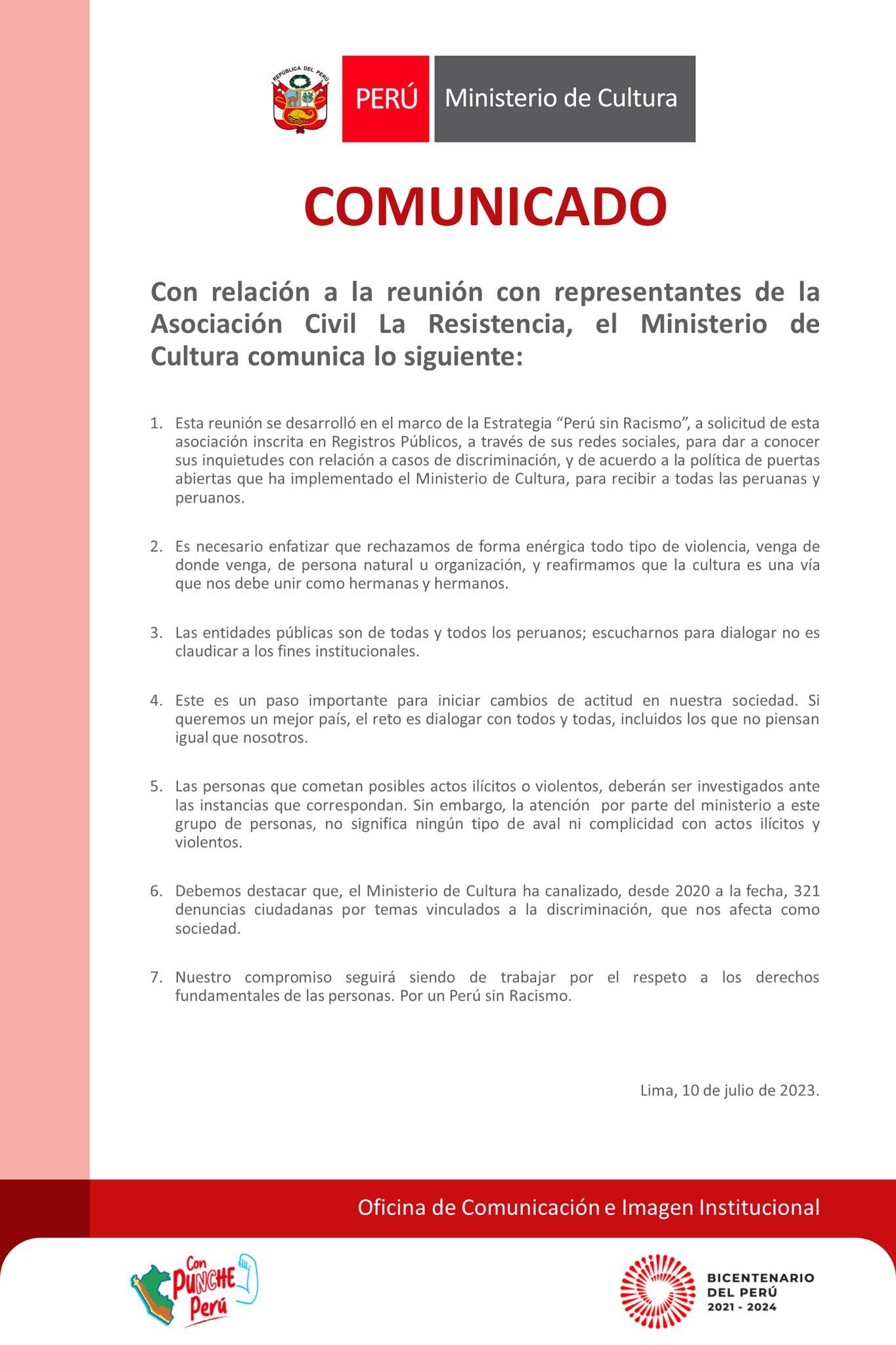 Comunicado del Ministerio de Cultura.