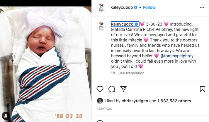 Captura de pantalla de la publicación de Kaley Cuoco donde anuncia el nacimiento de su hija Matilda Carmine Richie Pelphrey (Foto: Kaley Cuoco / Instagram)