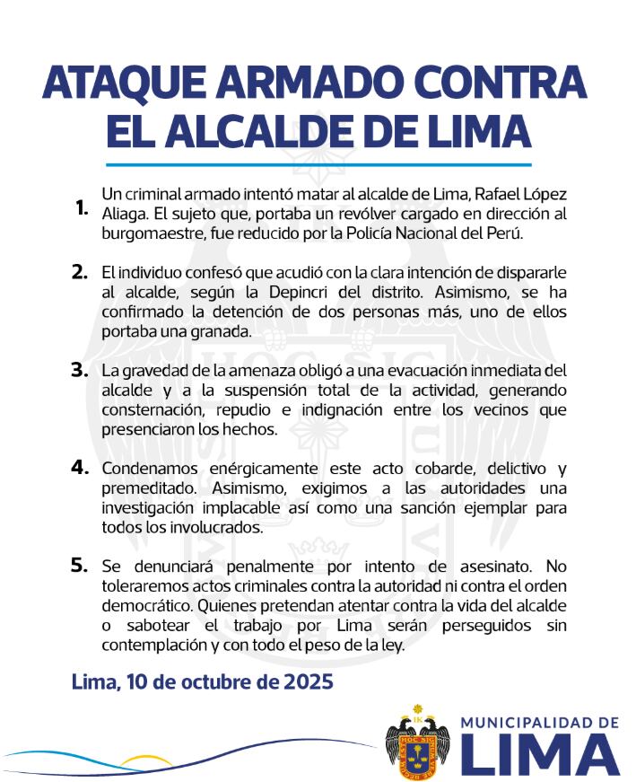 Municipalidad de Lima emite comunicado y confirma intento de ataque armado contra el alcalde Rafael López Aliaga.