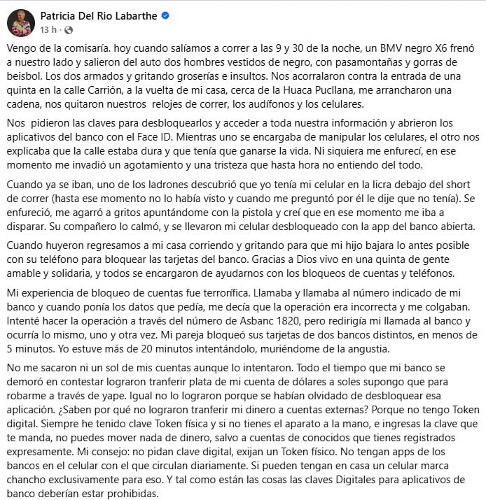 Patricia del Río revela que sufrió violento robo. - Facebook.