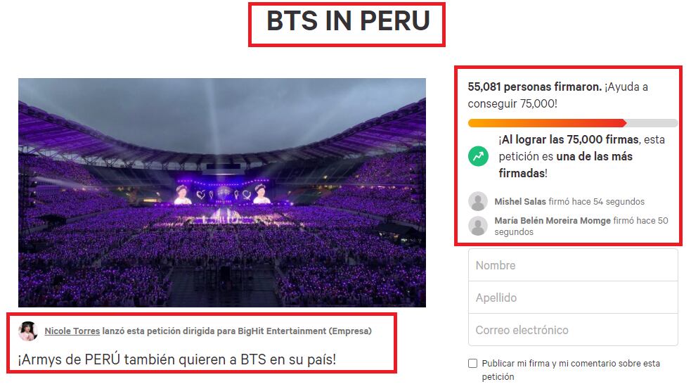 ARMY reúnen firmas para que BTS realice show en Perú. (Foto: change.org).