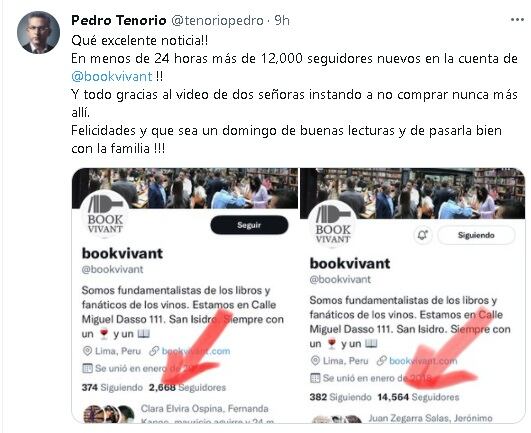Periodista Pedro Tenorio compartió el aumento de seguidores de Book Vivant. (Twitter)