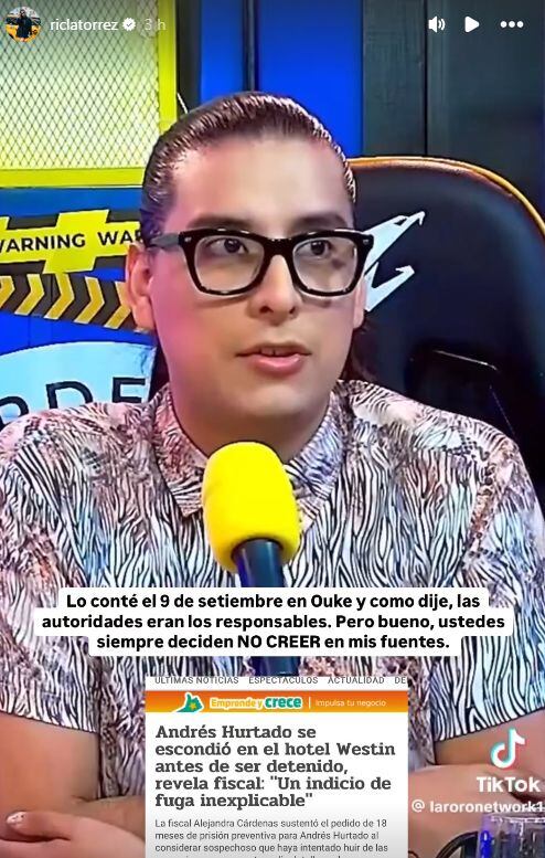 Ric La Torre recordó que el pasado 9 de setiembre contó que Andrés Hurtado había salido de su programa para dirigirse a un exclusivo hotel de Lima