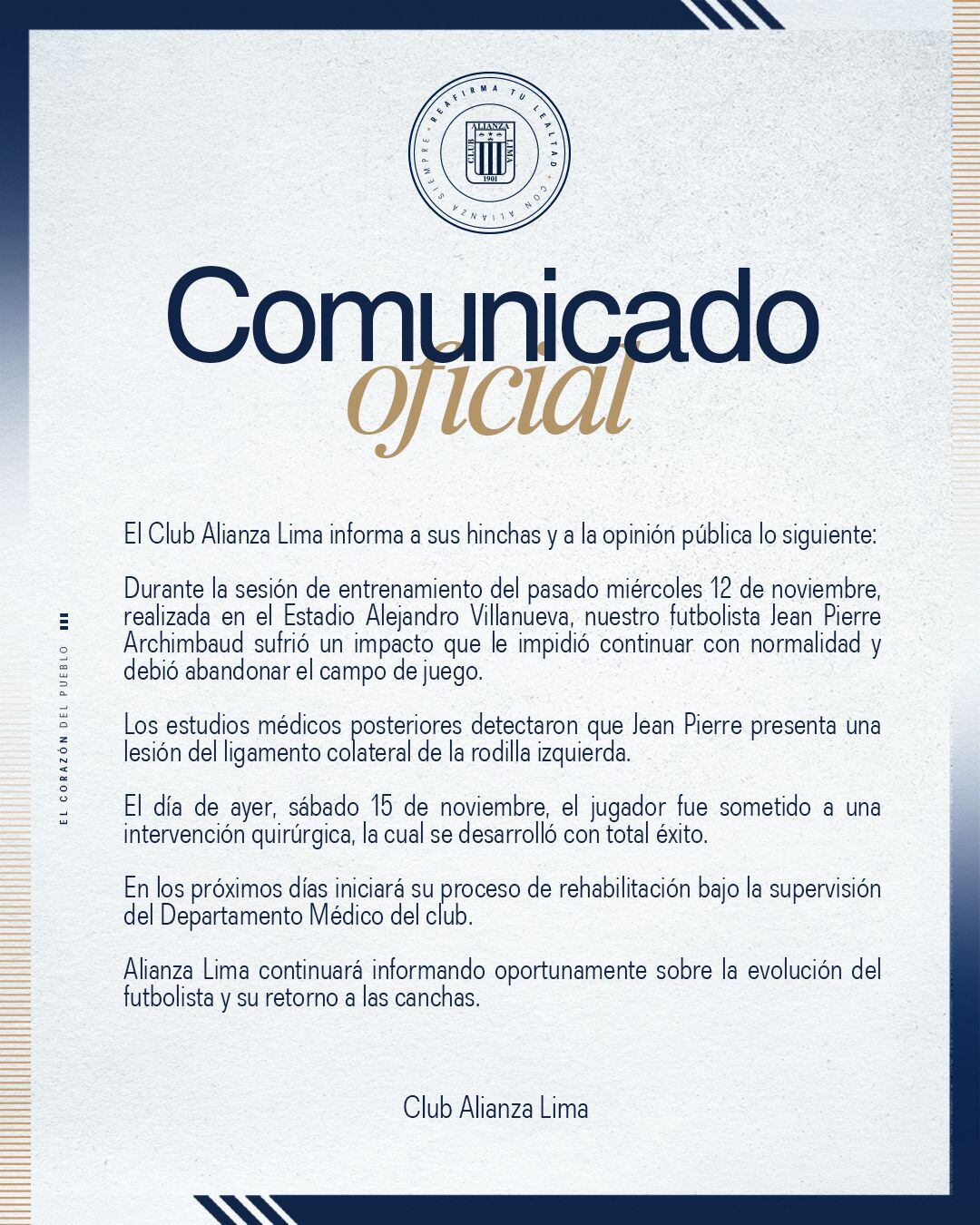 Jean Pierre Archimbaud lesionado en Alianza Lima. (Foto: Alianza Lima)