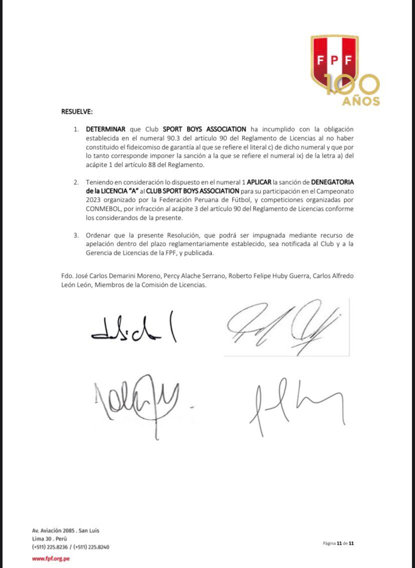Resolución de FPF sobre el caso Sport Boys.