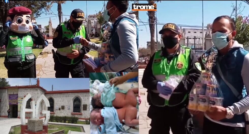 Policías de la Comisaría de Alto Selva Alegre, en Arequipa, entregaron al papá de los bebitos siameses latas de leche de fórmula para apoyar a su alimentación.
