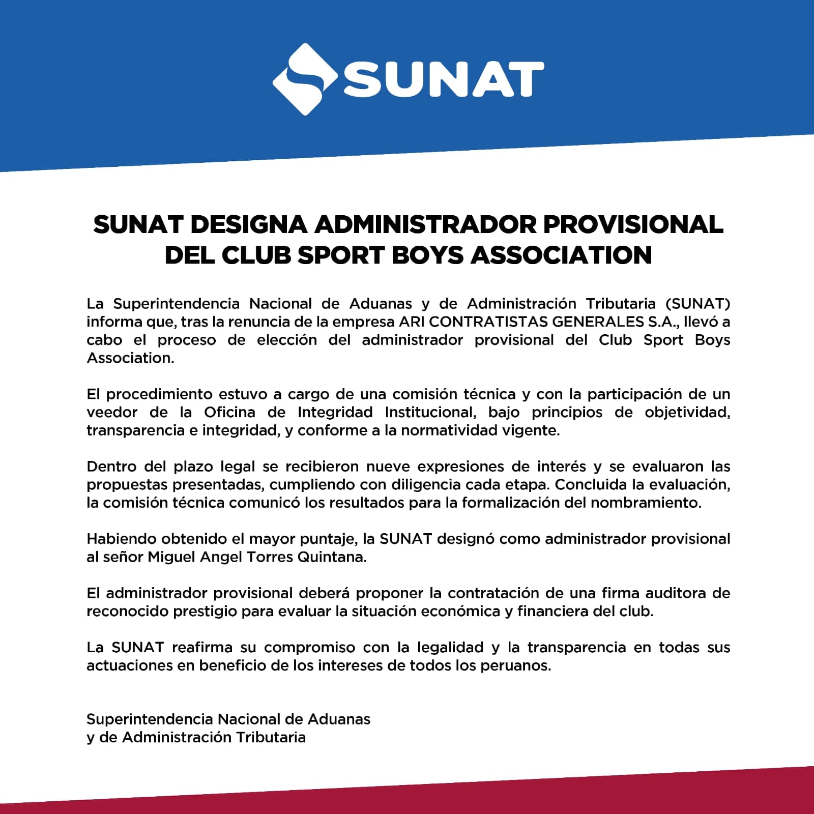 SUNAT comunicó la elección de Miguel Ángel Torres como nuevo administrador de Sport Boys. (Foto: @SUNATOficial)