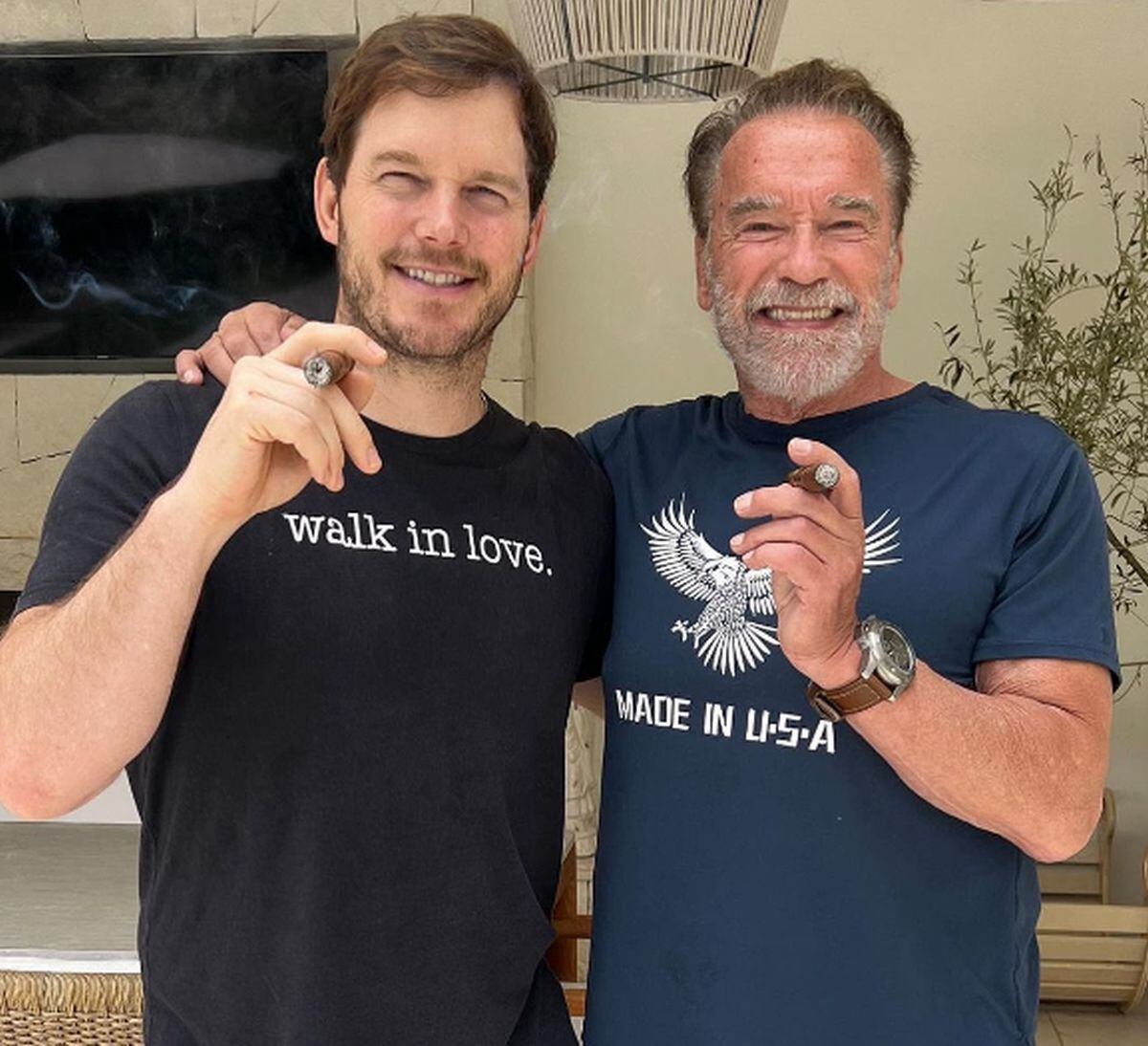 Chris Pratt al lado de su suegro Arnold Schwarzenegger, con quien tiene una buena relación (Foto: Robyn Beck / AFP)