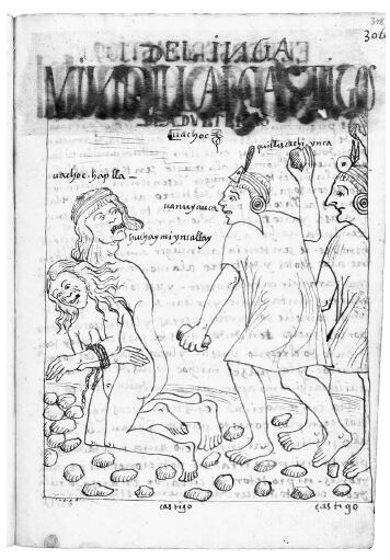 Apedreamiento. Ilustración de Guamán Poma.