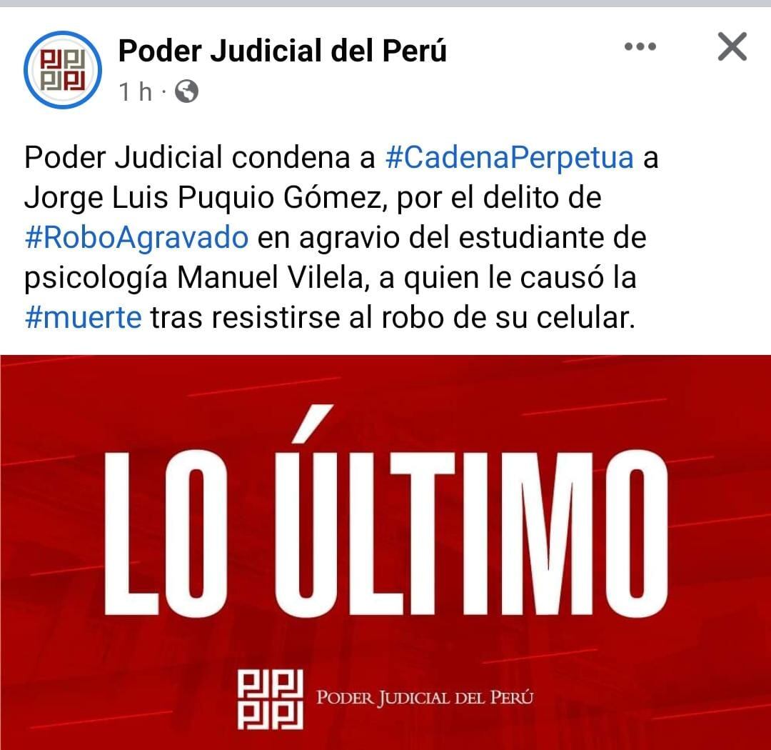Poder Judicial le dio cadena perpetua a Jorge Luis Puquio Gómez por quitarle la vida a un joven que se resistió al robo.