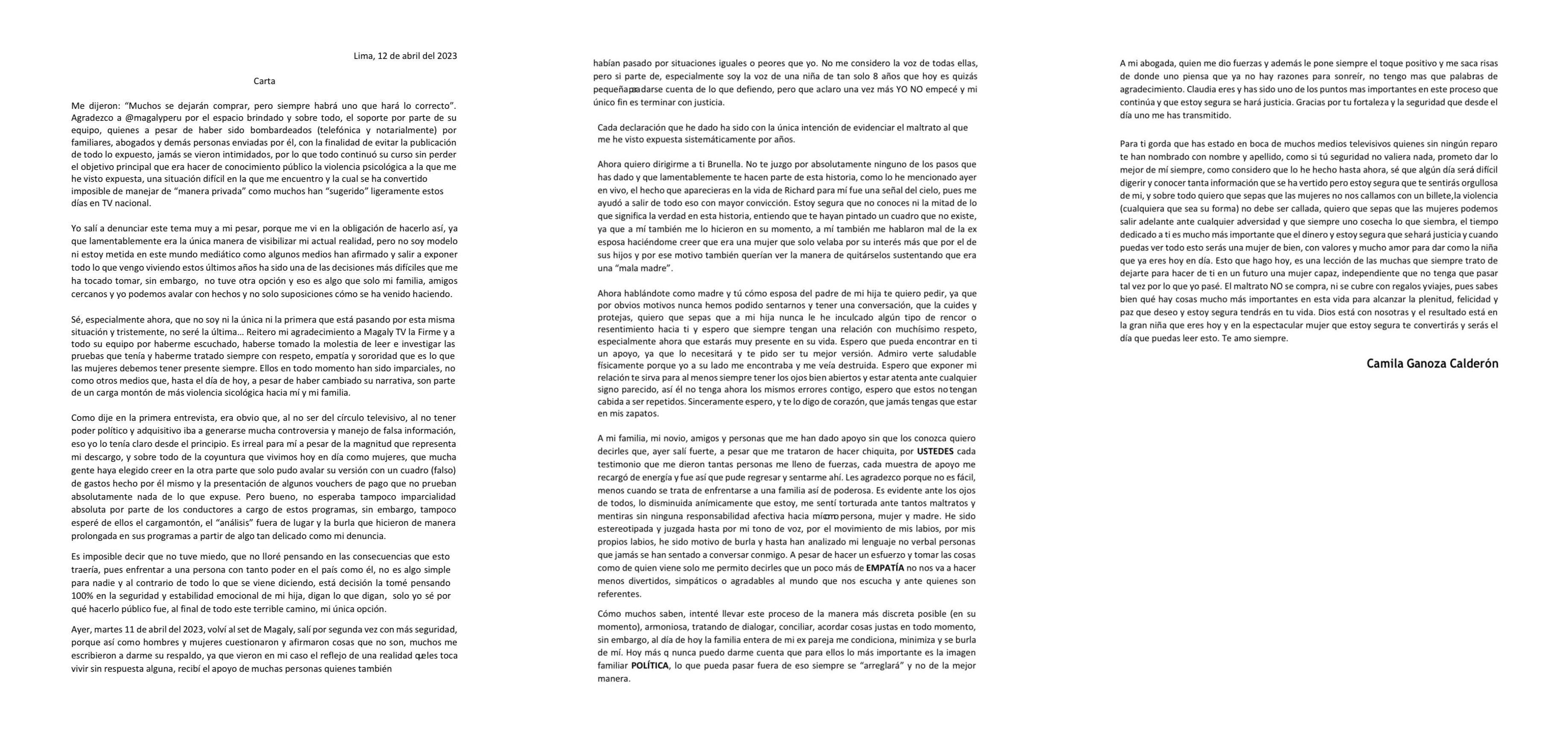 Este es el comunicado de Camila Ganoza, expareja de Richard Acuña. (Foto: Captura)