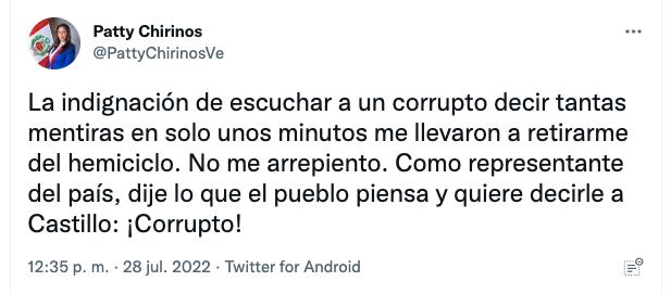 Patricia Chirinos se pronuncia en sus redes sociales tras gritarle 'corrupto' a Pedro Castillo (Foto: Twitter)
