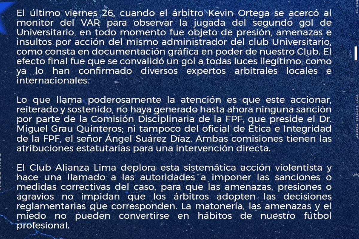 Alianza Lima se pronuncia por segundo gol de Universitario en clásico (@clubALoficial)