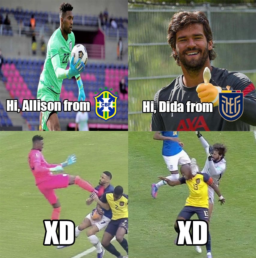 Los memes de las patadas de Domínguez y Alisson en el Ecuador vs Brasil. Foto: Facebook.
