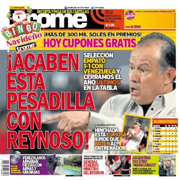 Portada impresa de Trome del miércoles 22 de noviembre de 2023