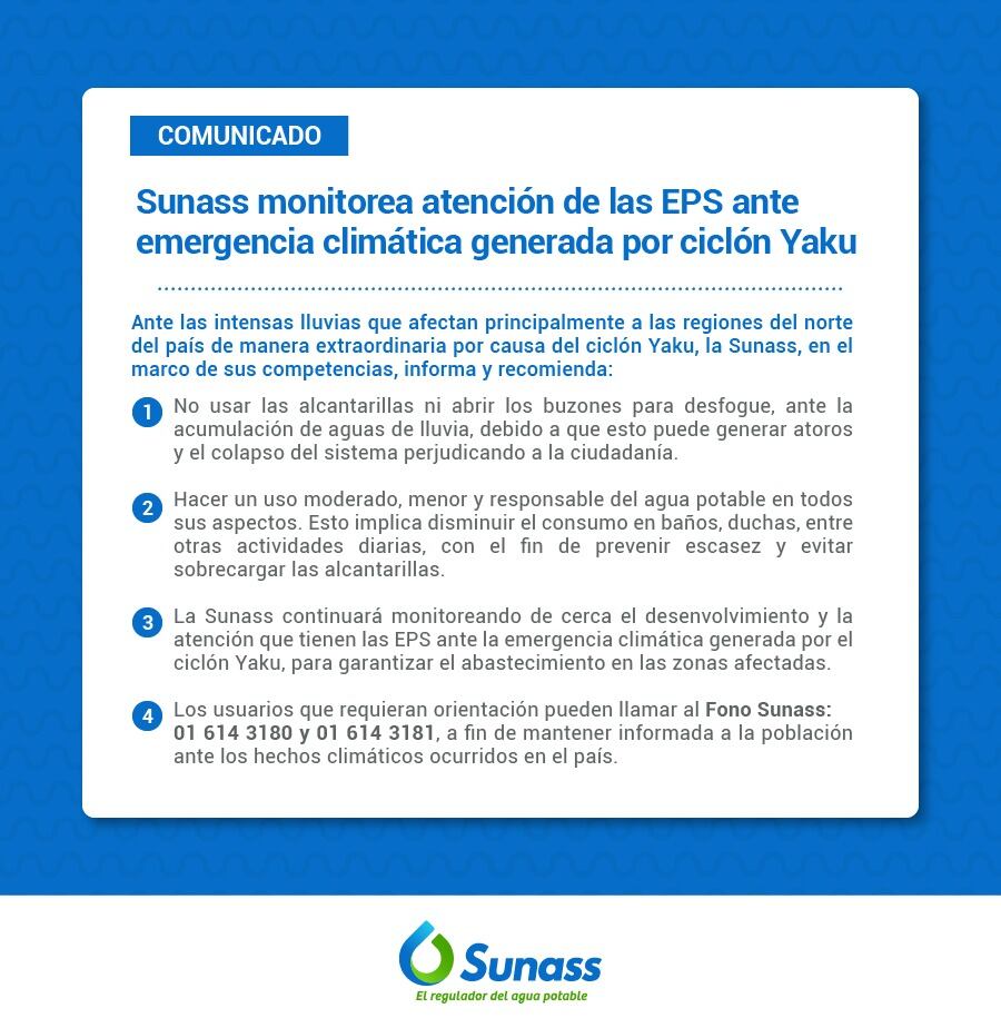 Comunicado de Sunass sobre el uso de buzones de desagüe para drenar el agua empozada de lluvias (Foto: Sunass)