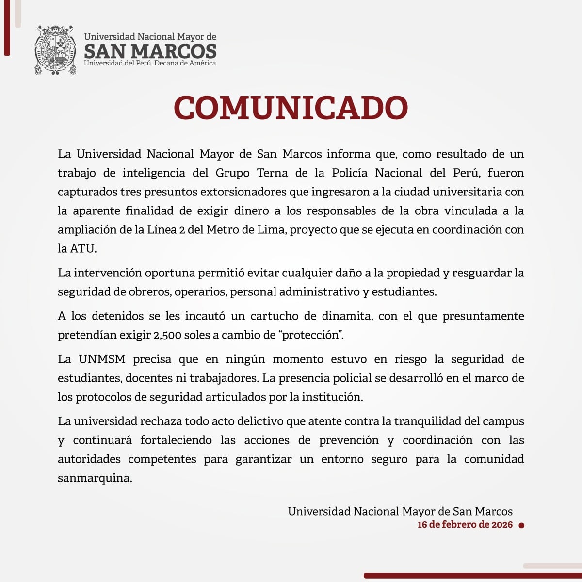 Comunicado de la Universidad San Marcos por presencia de extorsionadores.