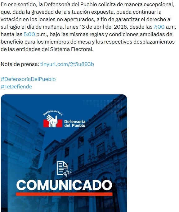 Defensoría del Pueblo se pronunció en su cuenta de X.