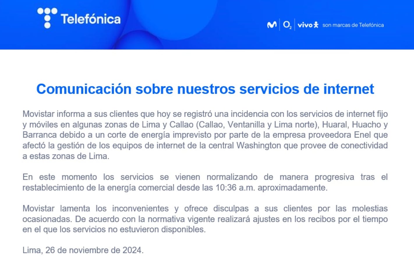 Movistar emite comunicado