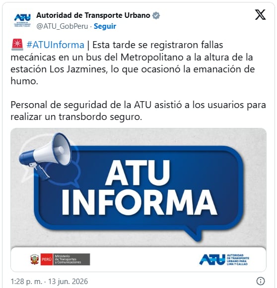 La ATU informó que incidente en bus del Metropolitano sucedió por fallas mecánicas.