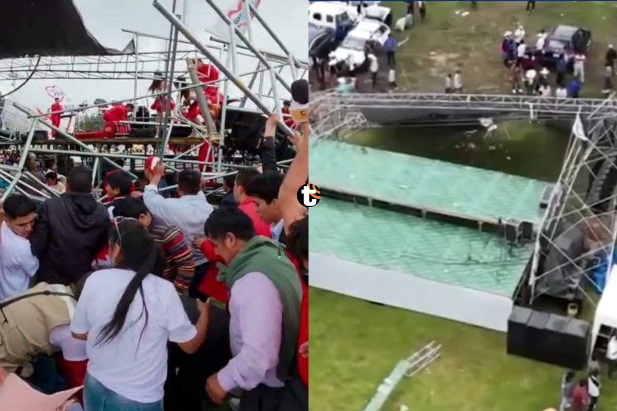 ¡Escenario se desploma en cierre de campaña! Estructura colapsa durante mitin de Somos Perú en Cajamarca y deja una herida