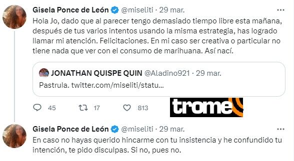 Gisela Ponce de León responde a usuario. Foto: Captura.