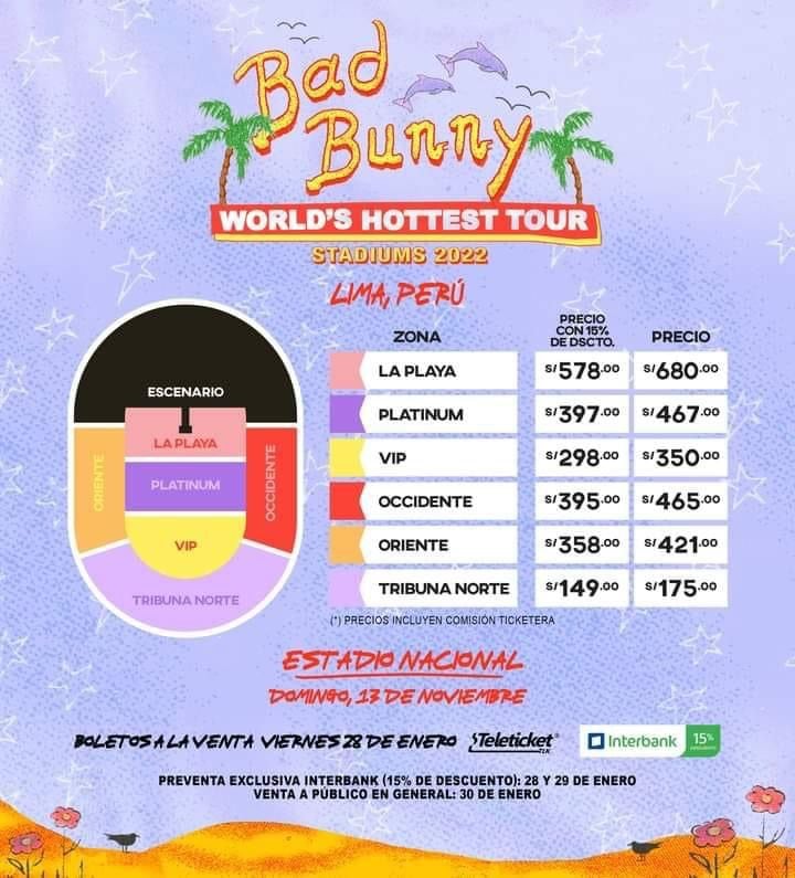 Precios de las entradas de Bad Bunny. Fuente: Teleticket