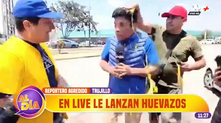 Trabajador lanza huevo a periodista en vivo y causa indignación en Trujillo.