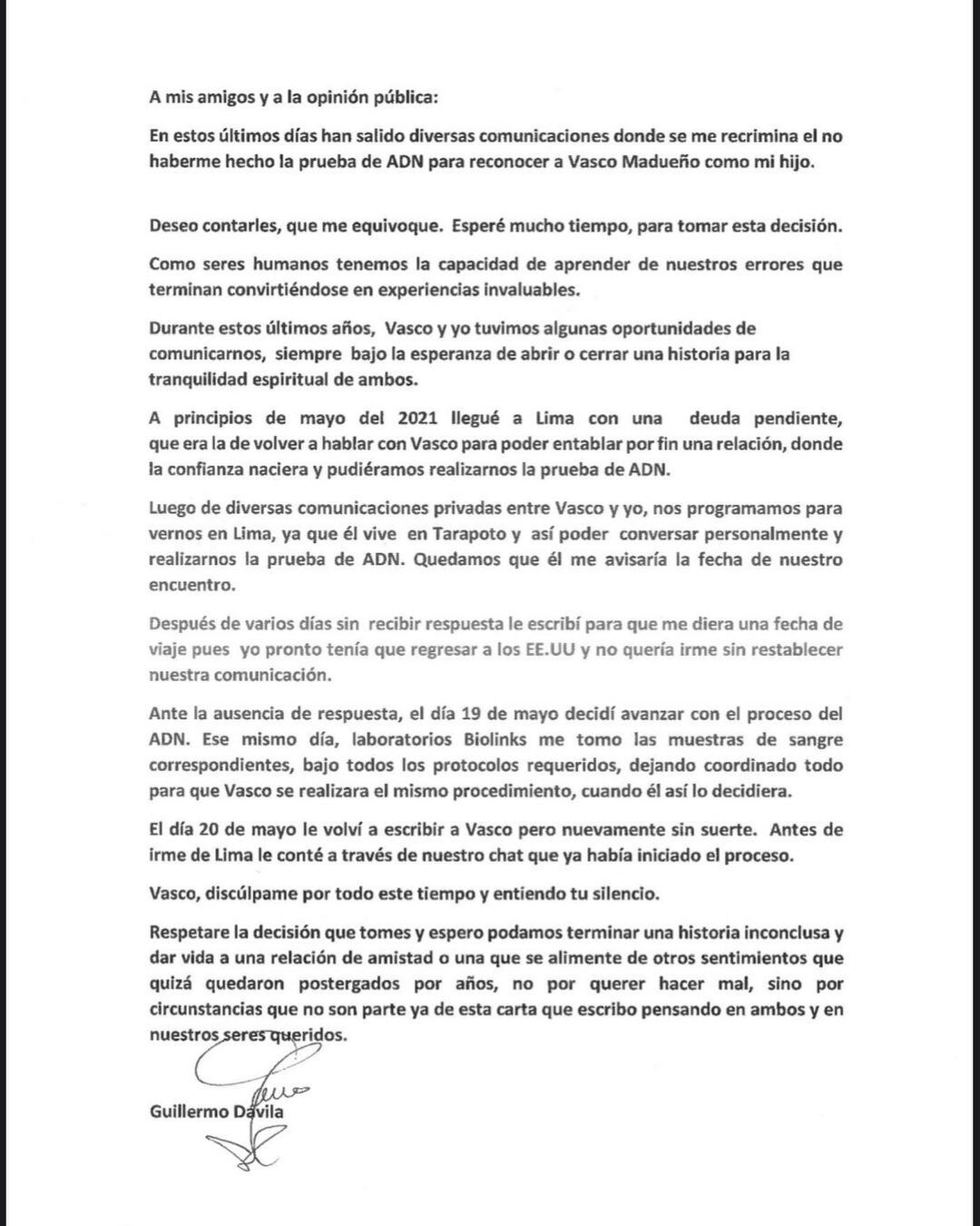 Guillermo Dávila publicó una carta sobre prueba de ADN.