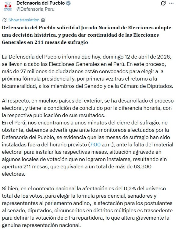 Defensoría del Pueblo, cuenta de X.