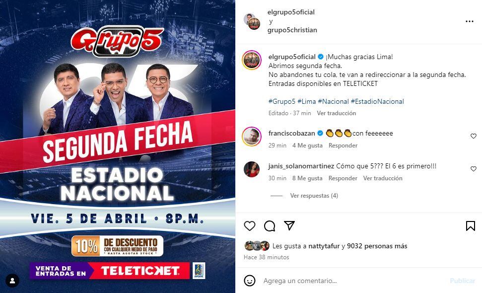 Grupo 5 anunció una segunda fecha de su concierto en el Estadio Nacional. (Foto: Captura)