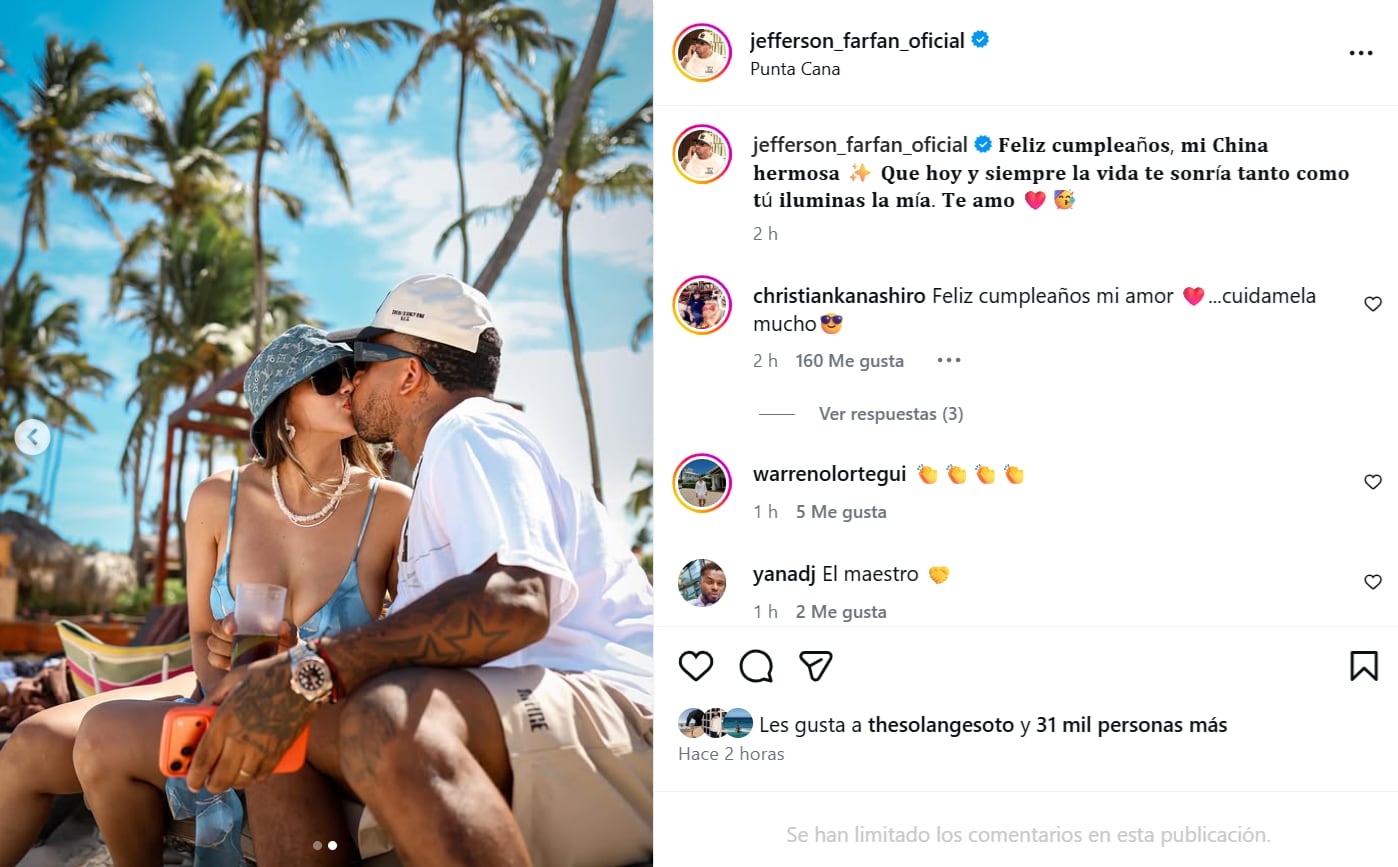 Jefferson Farfán y Xiomy Kanashiro en República Dominicana por los 27 de la modelo.