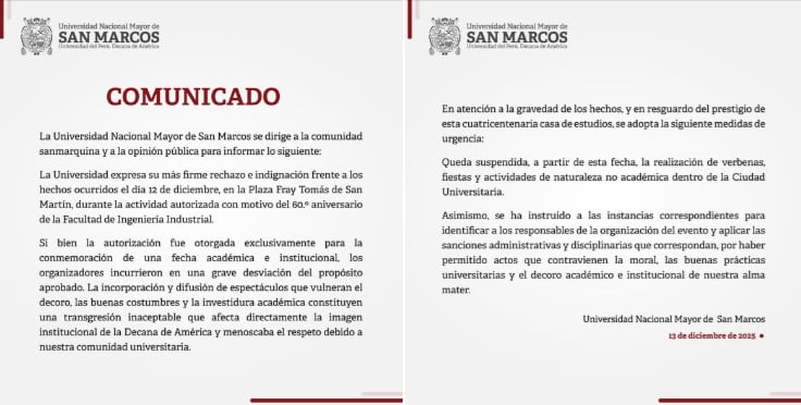 Universidad Nacional Mayor de San Marcos suspenden toda clase de actividad que no es educativa dentro de la casa de estudios.