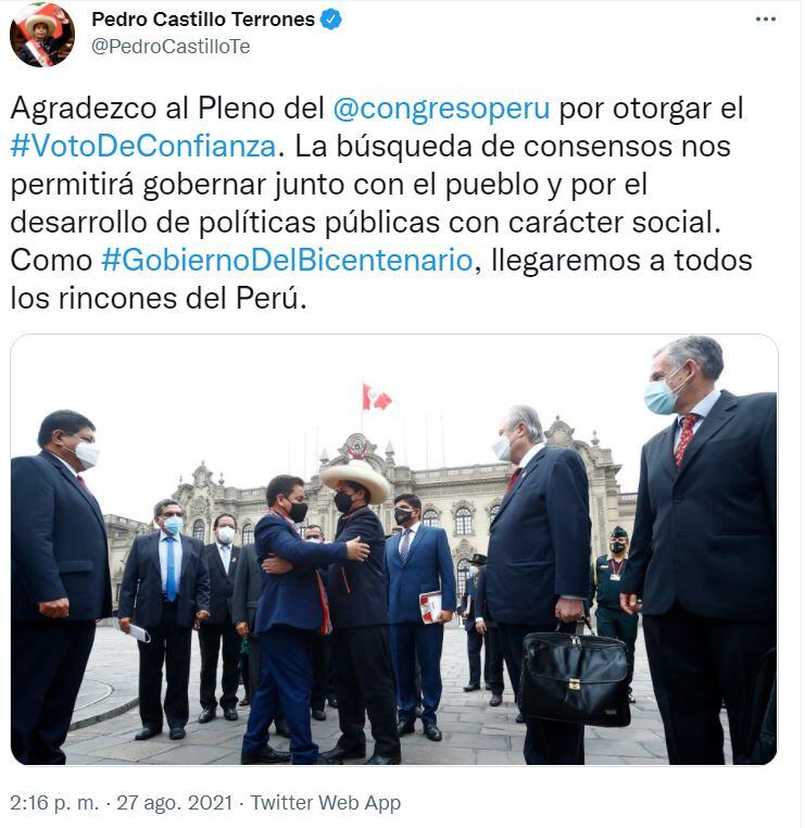 Pedro Castillo aseguró que el voto de confianza permitirá al gobierno trabajar por el pueblo. (Twitter)