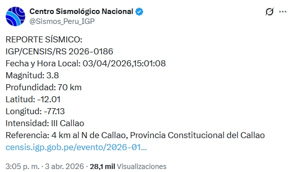 El Instituto Geofísico del Perú reporta sismo de magnitud 3.8 en el Callao en Viernes Santo.