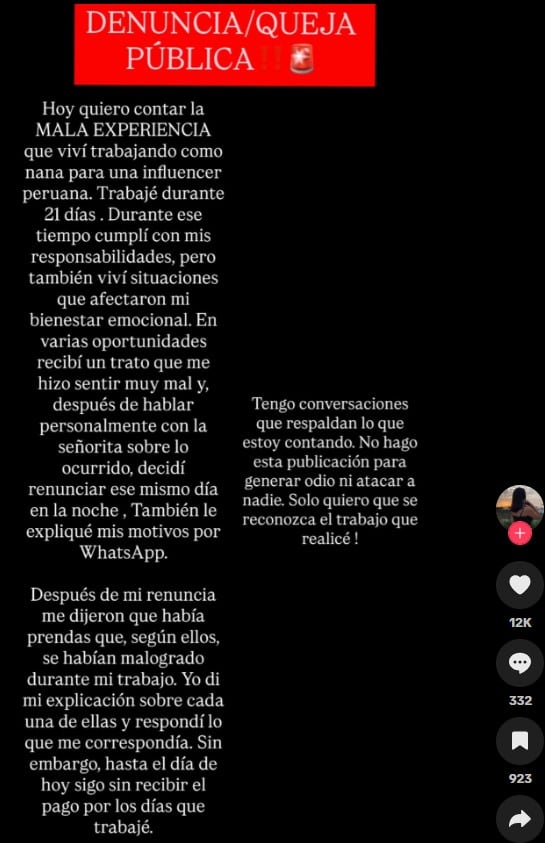 Exnana de Majo Parodi expone su denuncia y revela lo que habría vivido durante 21 días de trabajo.