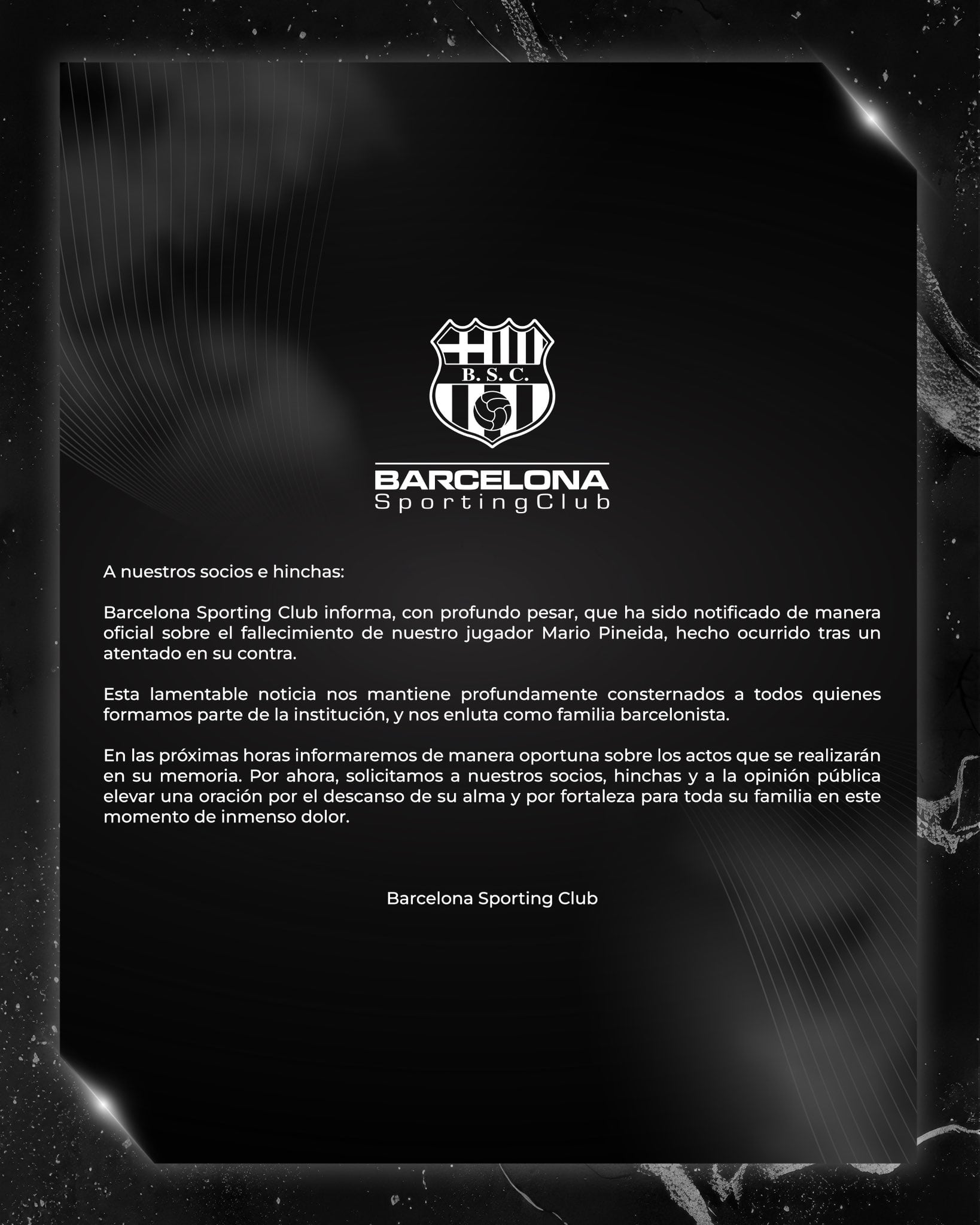 Comunicado de Barcelona SC tras asesinato de Pineida | Foto: Barcelona SC