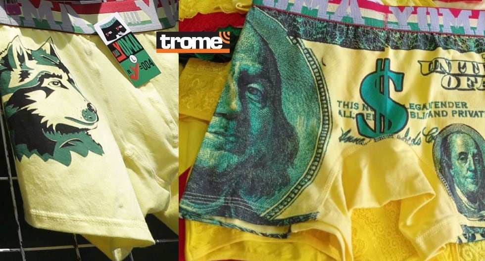 Comerciantes 'rayan' con la venta de calzones amarillos de ocurrentes frases para recibir al 2022. (Foto: Trome / Jessica Vicente)