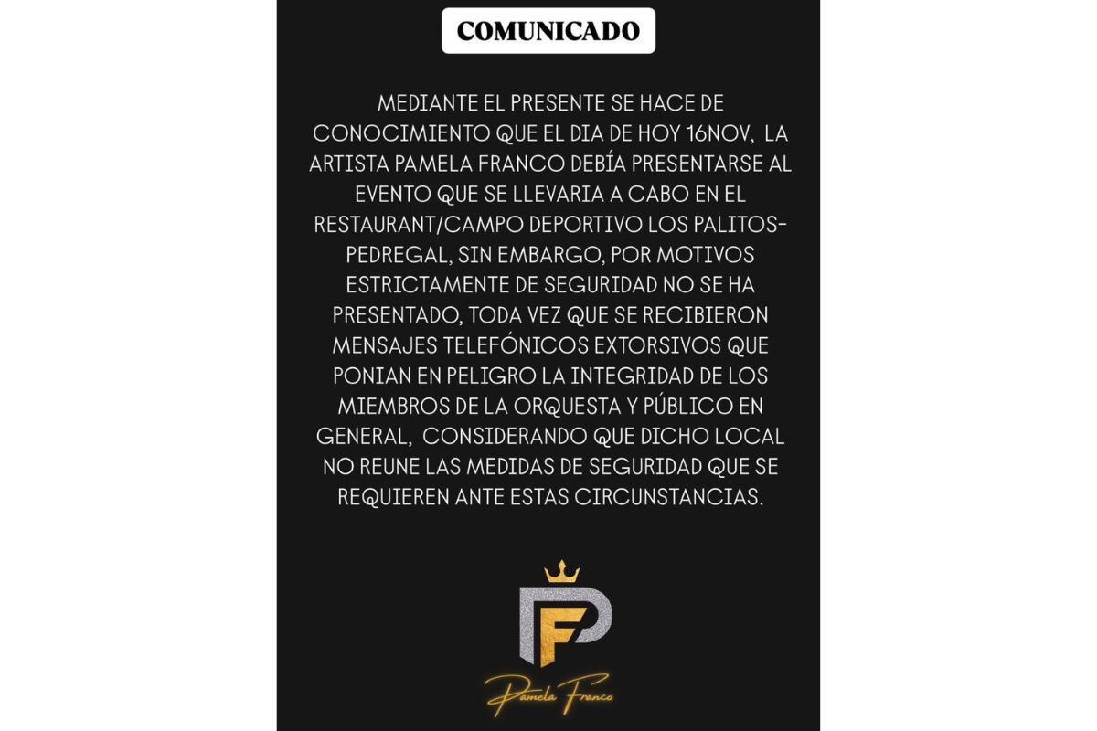 Comunicado de la cantante en redes sociales.