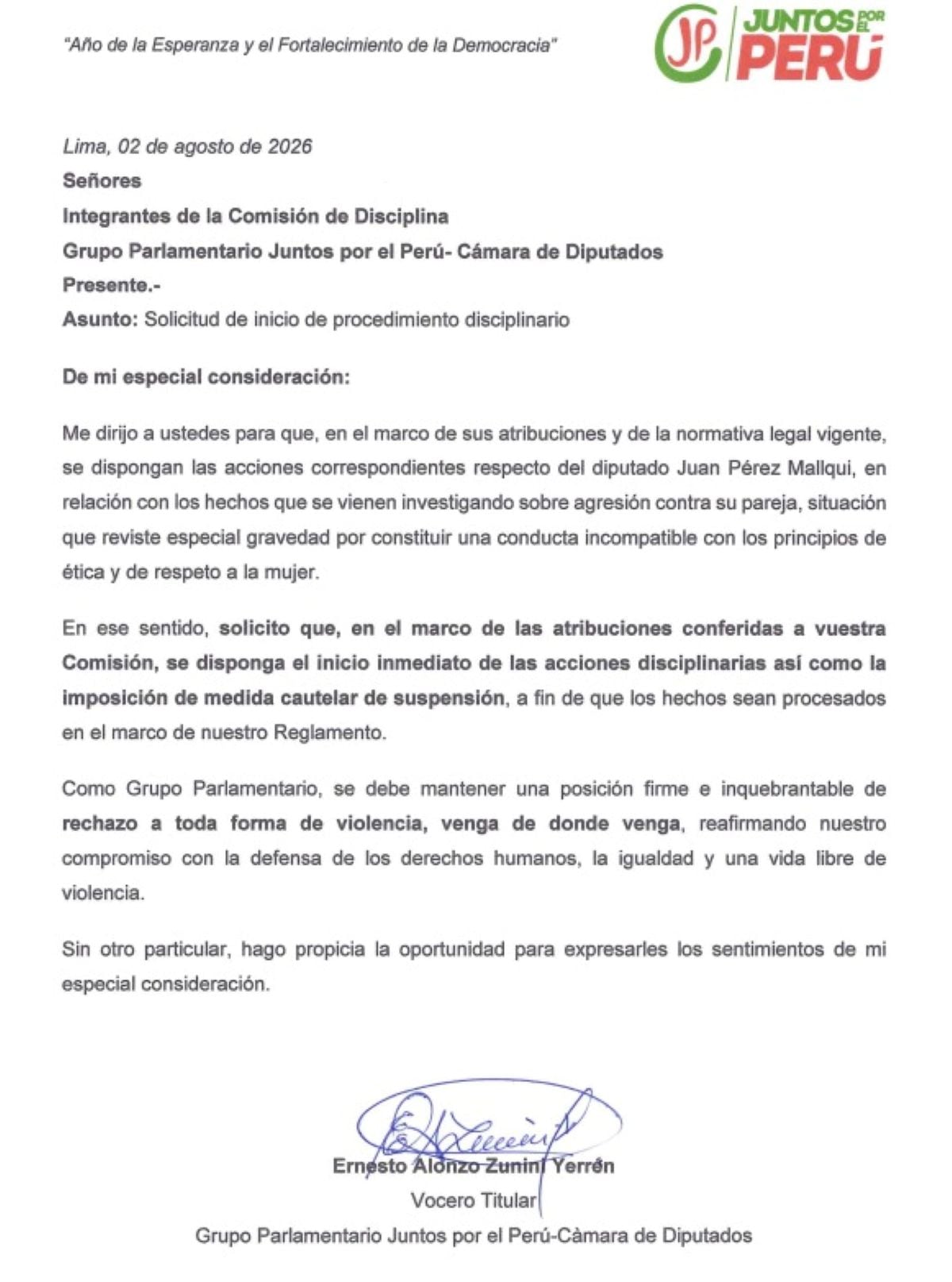 El vocero titular de JP, Ernesto Zunini, solicitó el inicio de un procedimiento disciplinario y suspensión del diputado Julián Pérez Mallqui. Foto: X.