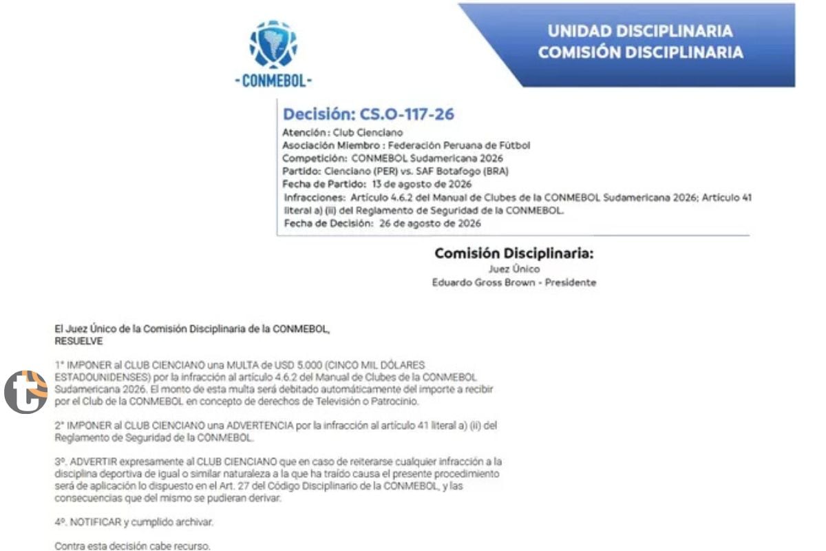 Conmbeol explica los motivos de las sanciones al cuadro cusqueño (Foto:@conmebol)