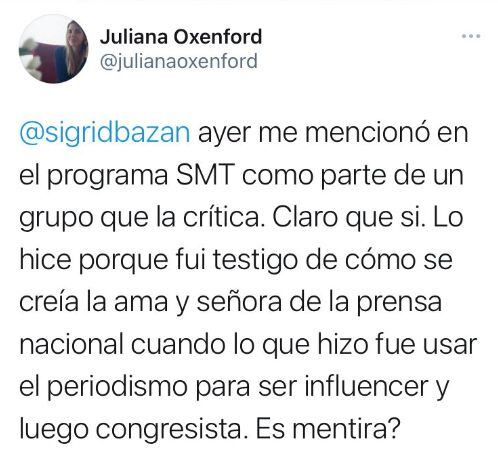 Juliana Oxenford respondió a Sigrid Bazán. (Twitter)