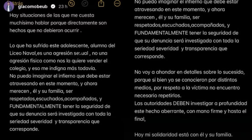 Giacomo Benavides se refiere al caso Liceo Naval y exige profunda investigación.