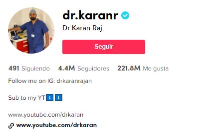La cuenta de TikTok del doctor Karan Raj. (Foto: TikTok)